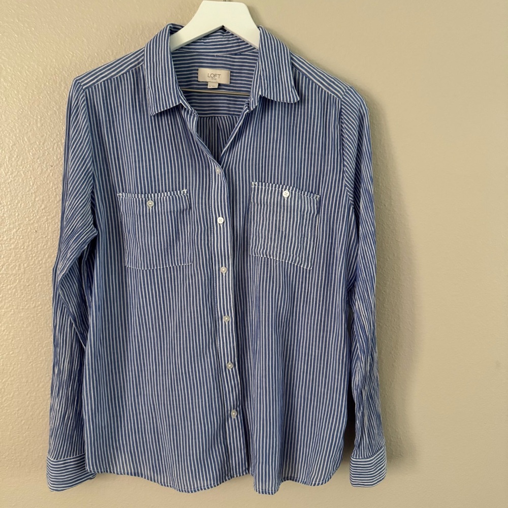 LOFT  Casual Blue and White Striped Button Down Shirt